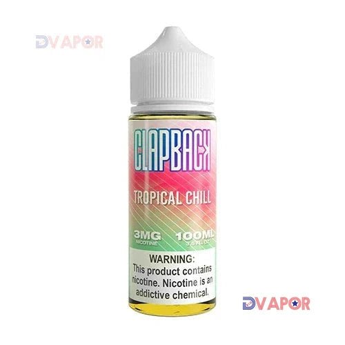 Tropical Chill Clapback 100ml e-liquid by SAVEUR Vape featuring tropical fruit flavor in a clear bottle with colorful label