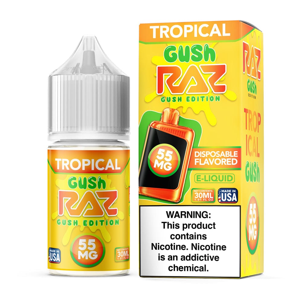 Tropical GUSH SALT Pod Juice e-liquid 30mL bottle with tropical fruit flavor and salt nicotine, designed for vaping.