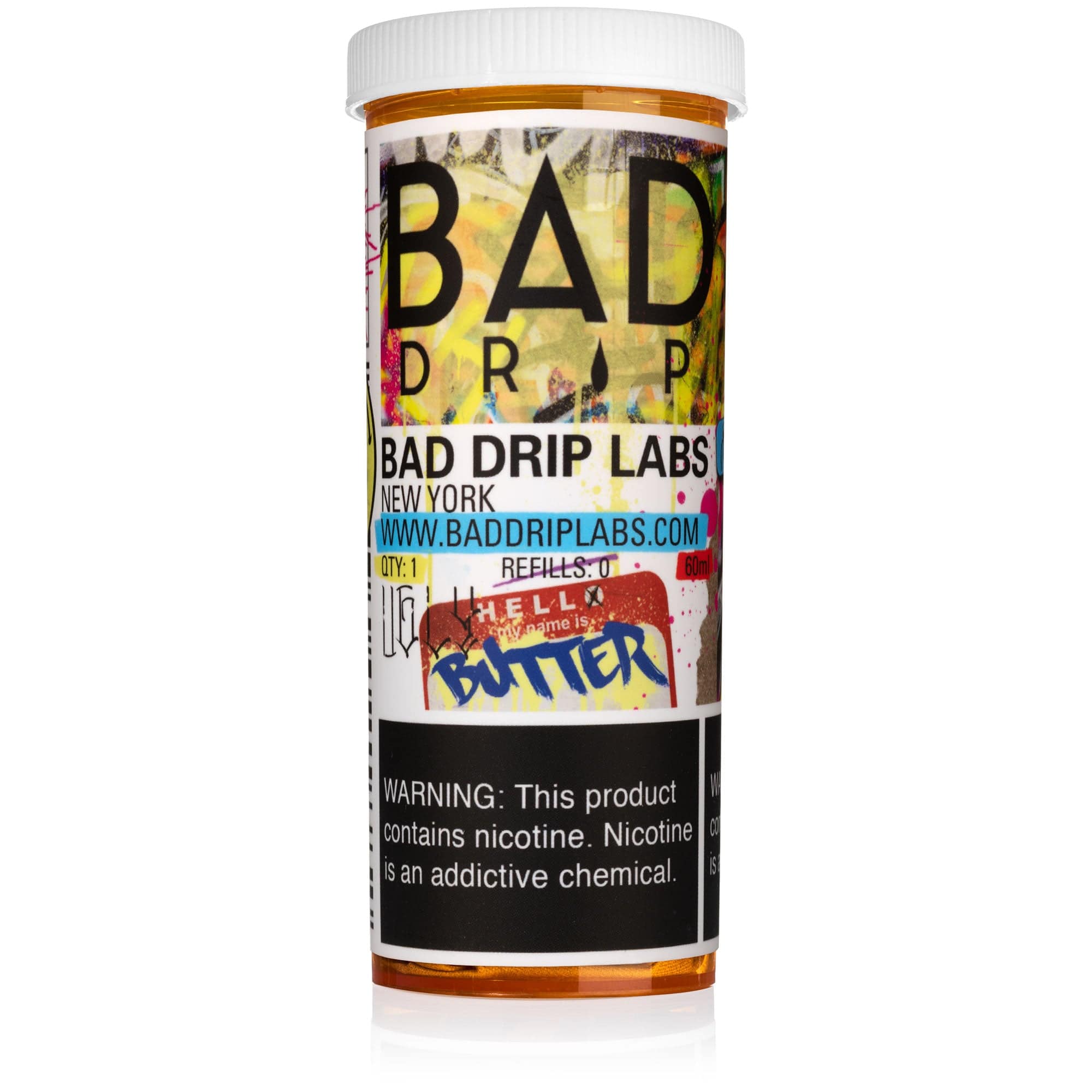 Bottle of Ugly Butter e-liquid by Bad Drip Labs in a 60mL bottle, with colorful label and dripper cap, on a white background.