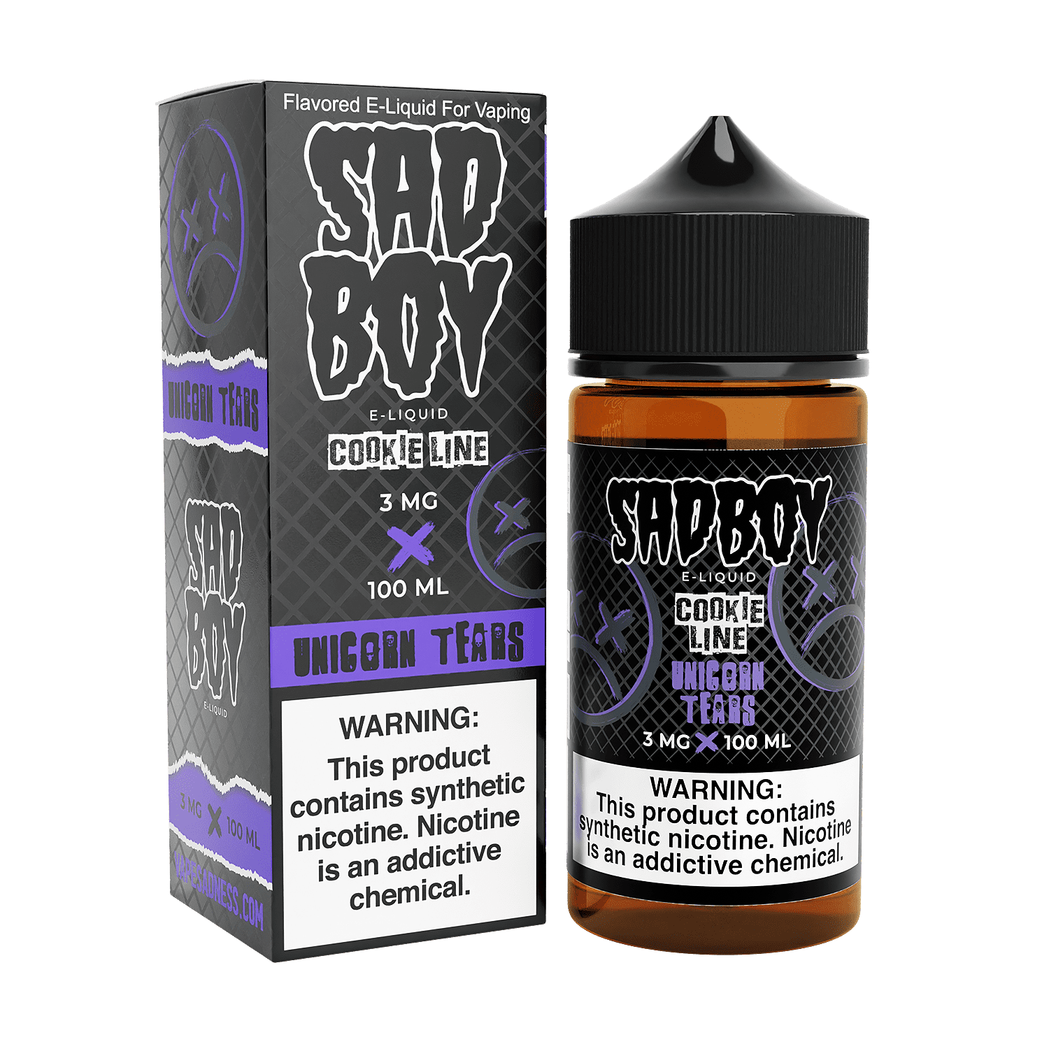 Bottle of Sadboy E-Liquid Unicorn Tears flavor, 100mL, featuring colorful unicorn imagery on the packaging.