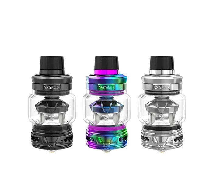 Uwell VALYRIAN 3 Sub-Ohm Vape Tank with glass and metal construction, featuring adjustable airflow and drip tip