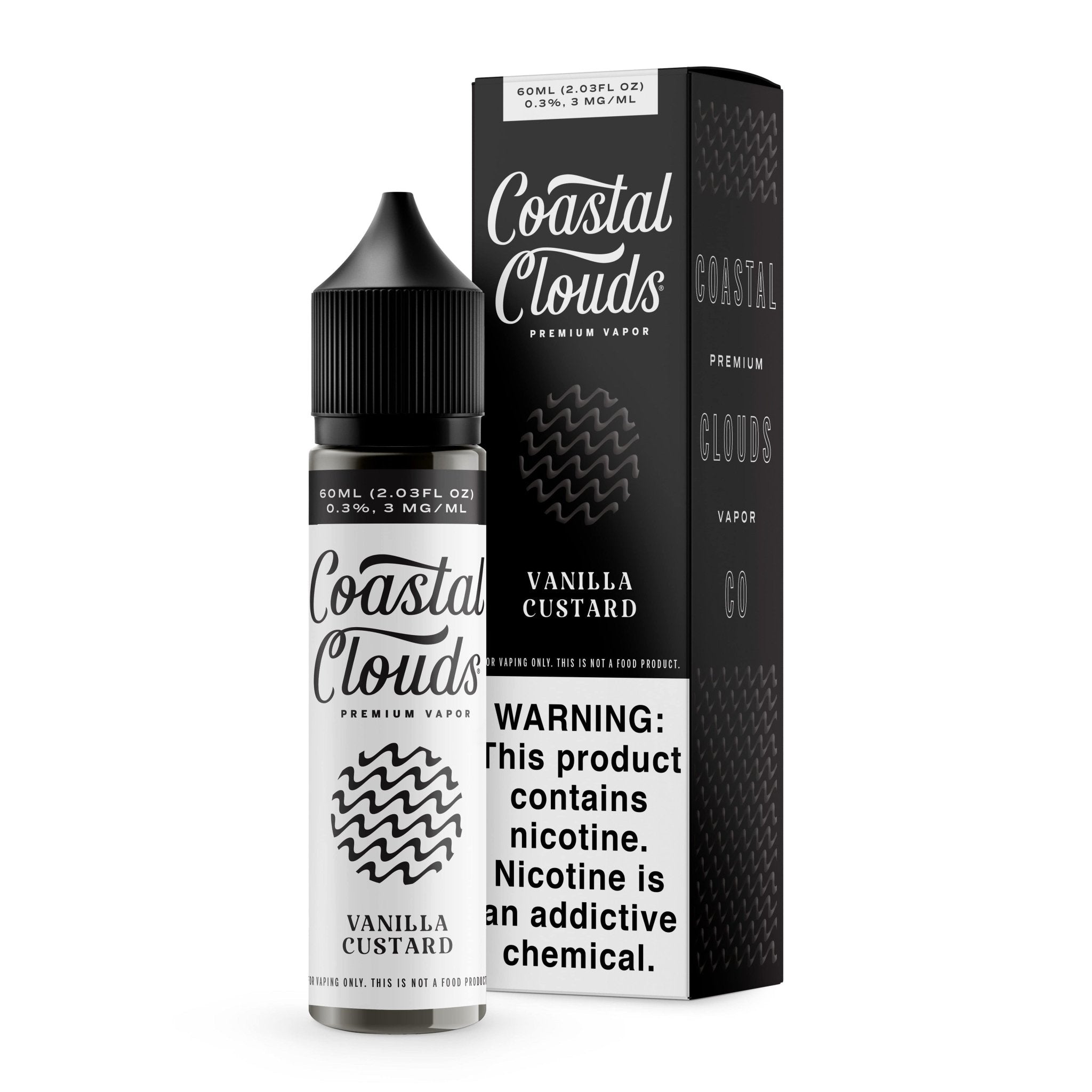 Bottle of Coastal Clouds Vanilla Custard e-liquid, 60mL, with vanilla flavor and smooth custard appearance.