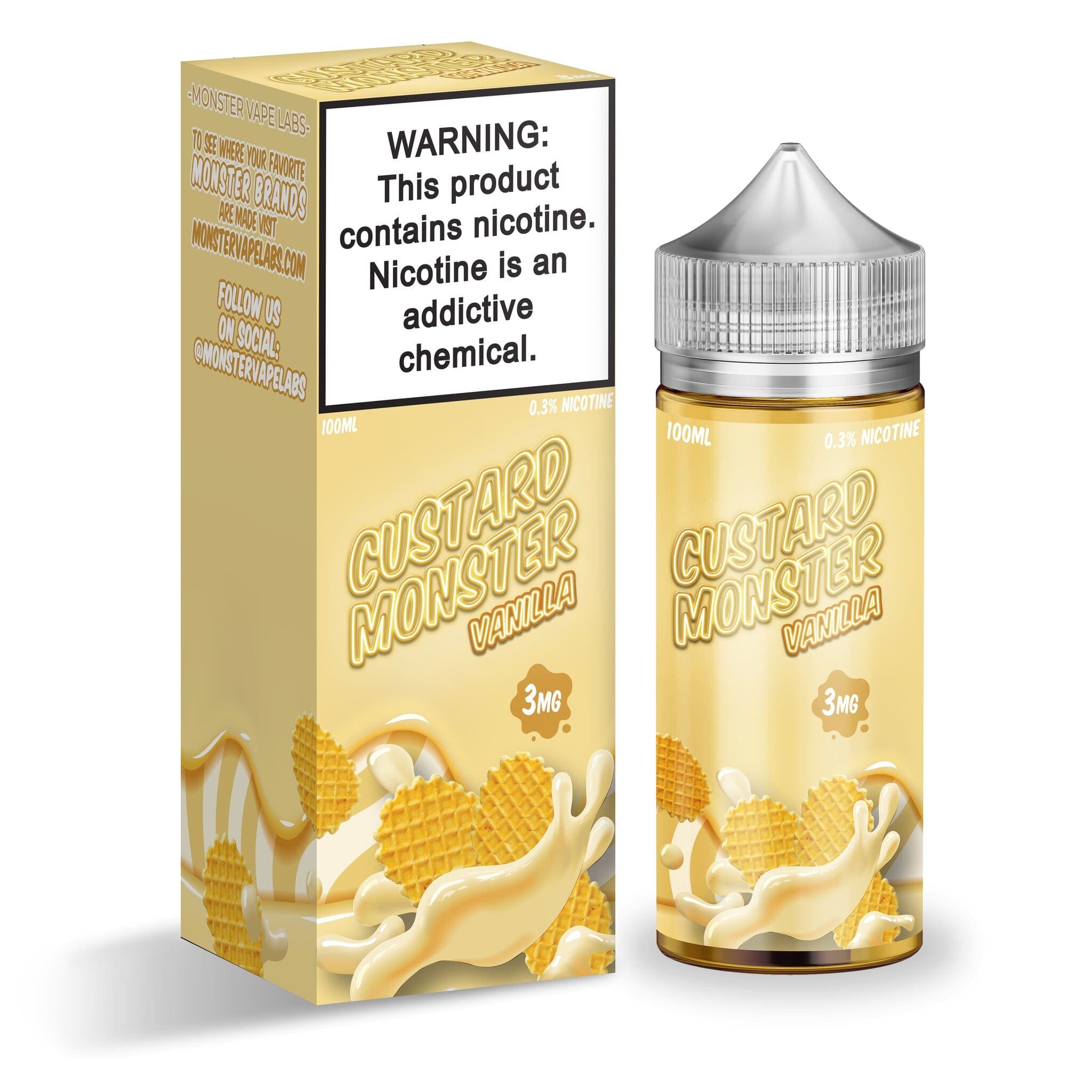Vanilla Custard Monster e-liquid bottle, 100mL size, with vanilla and custard flavor notes, in clear plastic bottle with label.