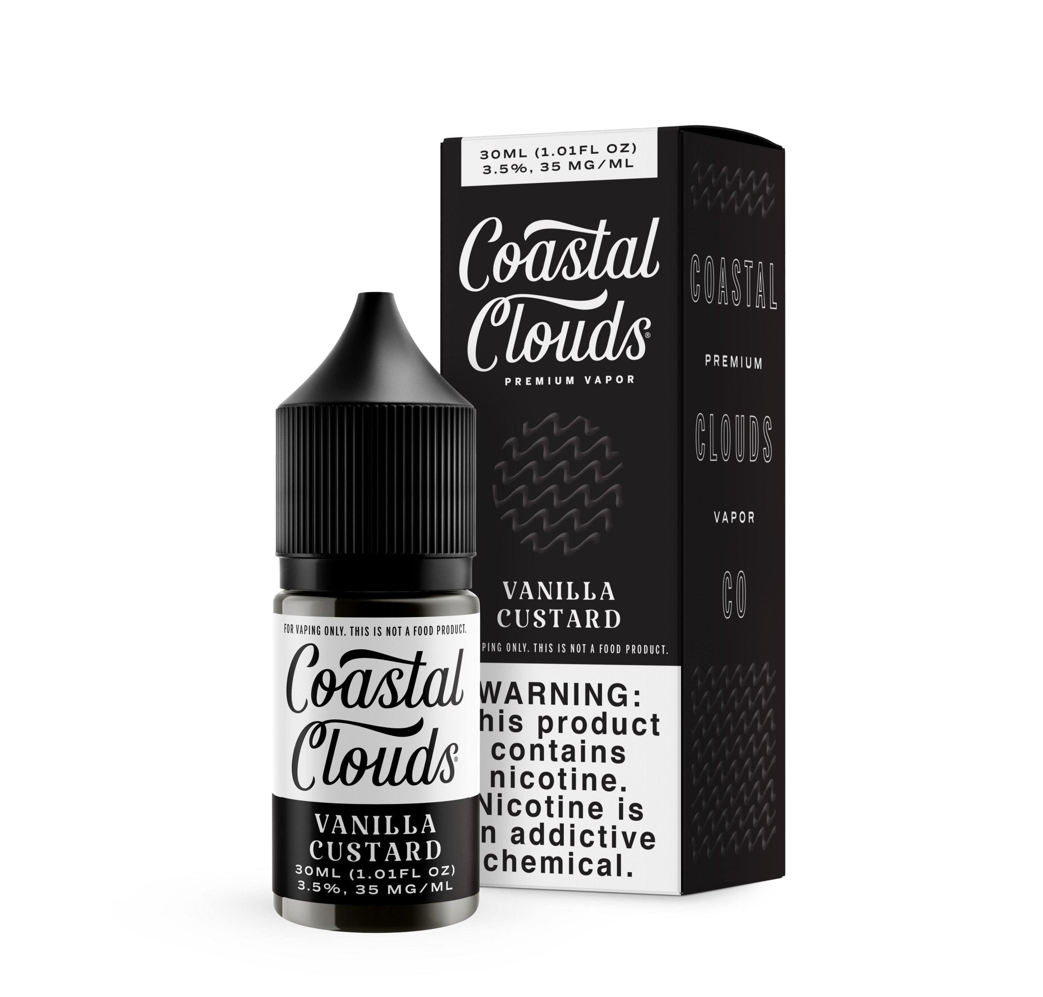 Bottle of Coastal Clouds Vanilla Custard SALT e-liquid in 30mL bottle with vanilla and custard flavor labeling.