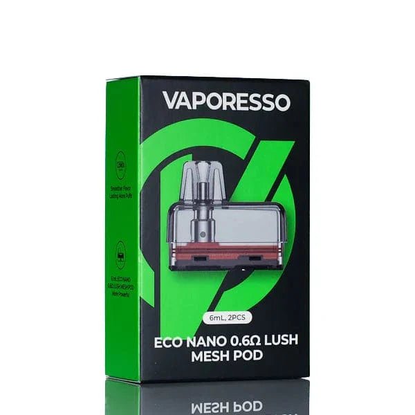 Vaporesso ECO Nano replacement pods for vape devices, showing sleek pod design and mouthpiece on a white background.