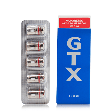 Vaporesso GTX Mesh Replacement Coils for vape devices, showing a pack of mesh coils with metal and cotton components.