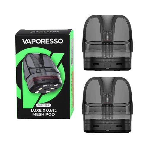 Vaporesso LUXE X replacement pods for vape device, showing sleek cartridge with mouthpiece and fill port.