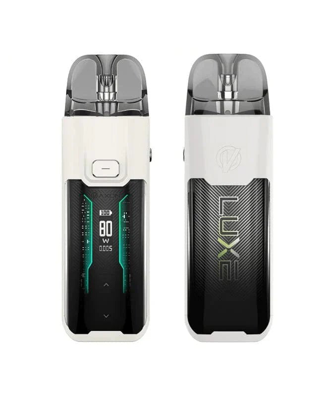 Vaporesso LUXE XR Max 80W pod kit with sleek design, showing the device with its pod and display screen.