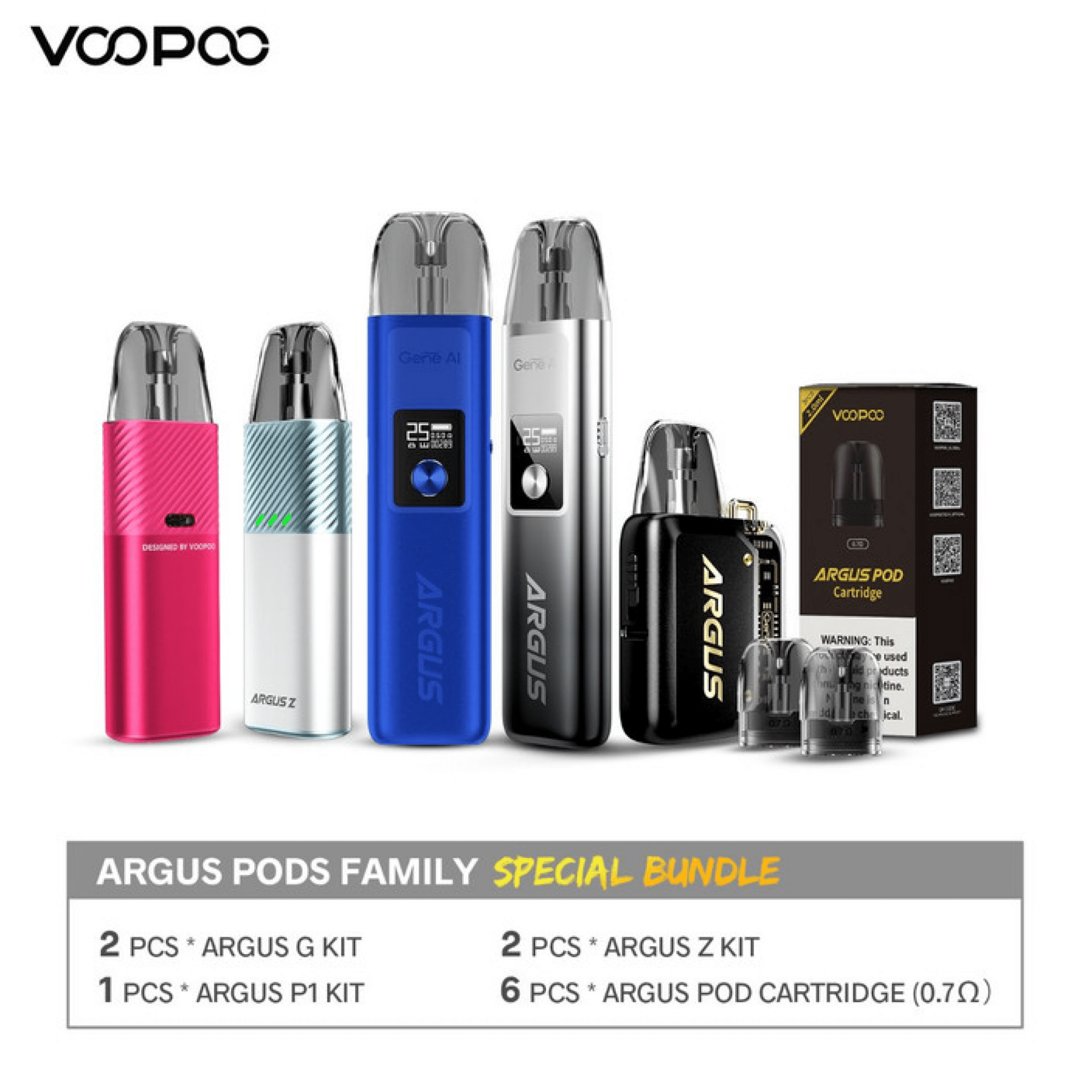 VOOPOO Argus Pods Family Special Bundle showing multiple sleek vaping pod devices and accessories on a clean background.