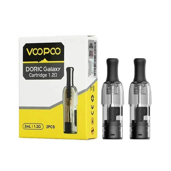 VOOPOO Doric Galaxy replacement pods for vape device, showing clear plastic mouthpiece and pod structure.
