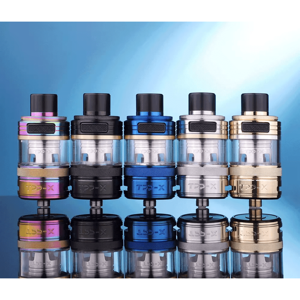 VooPoo TPP-X Pod Tank with two coils, vape part for electronic cigarettes, transparent glass and adjustable airflow.
