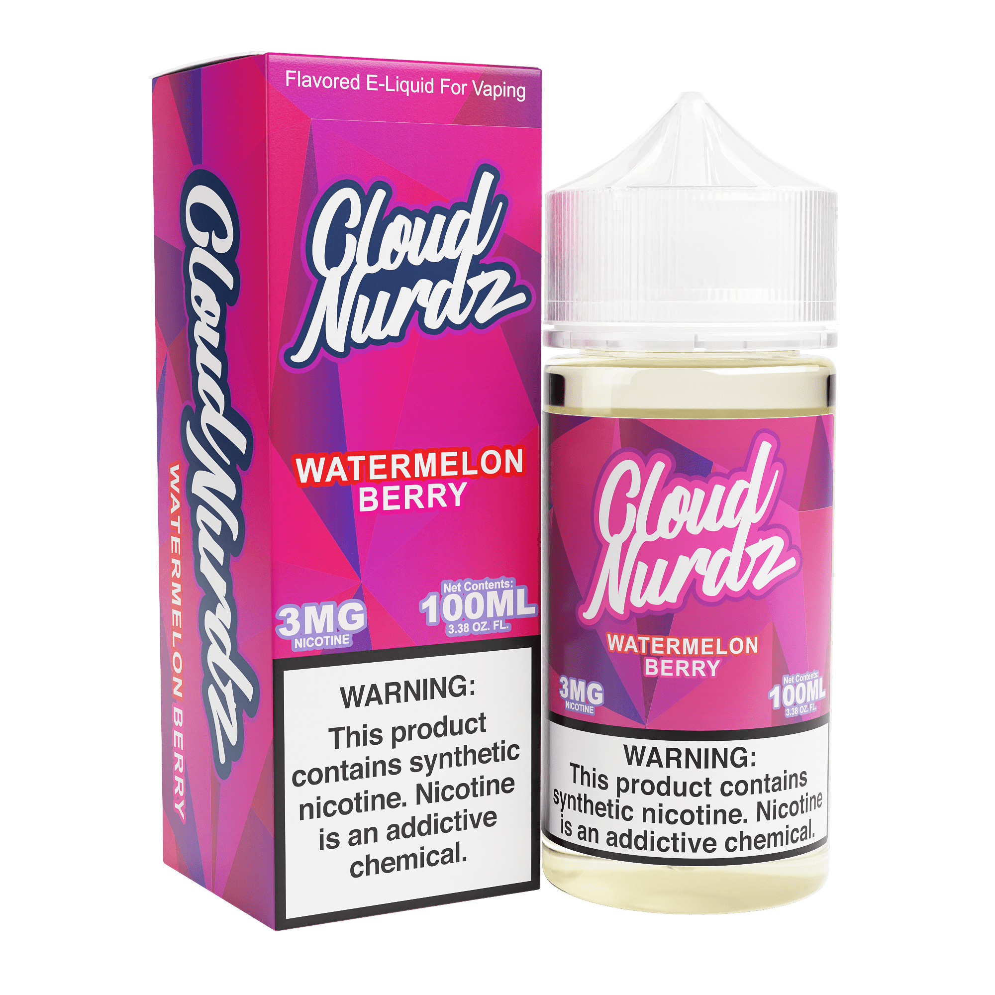 Cloud Nurdz Watermelon Berry e-liquid 100mL bottle with vibrant watermelon and berry flavor illustration.