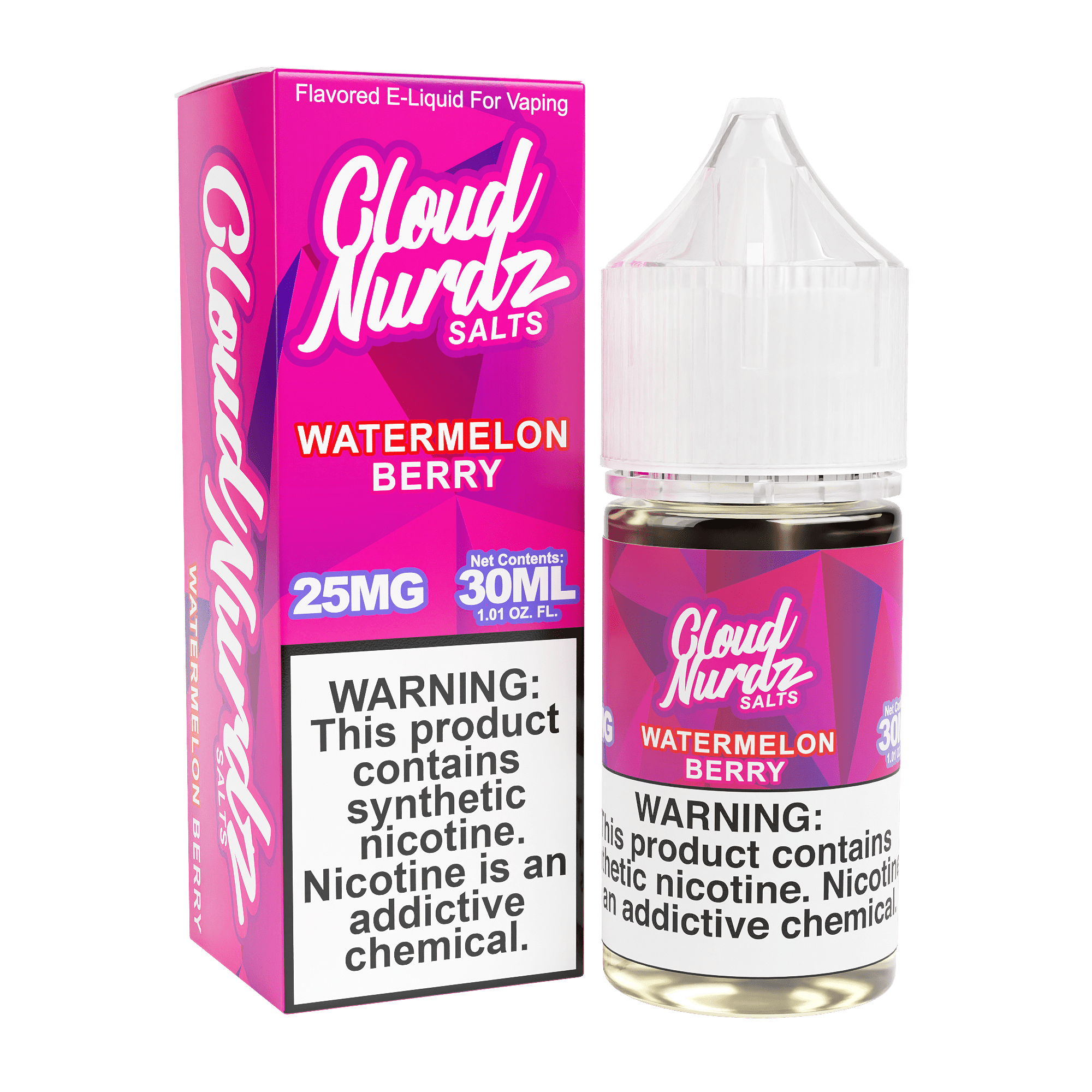 Blue and pink watermelon and berry flavored Salt E-liquid bottle from Cloud Nurdz, 30mL vape juice.