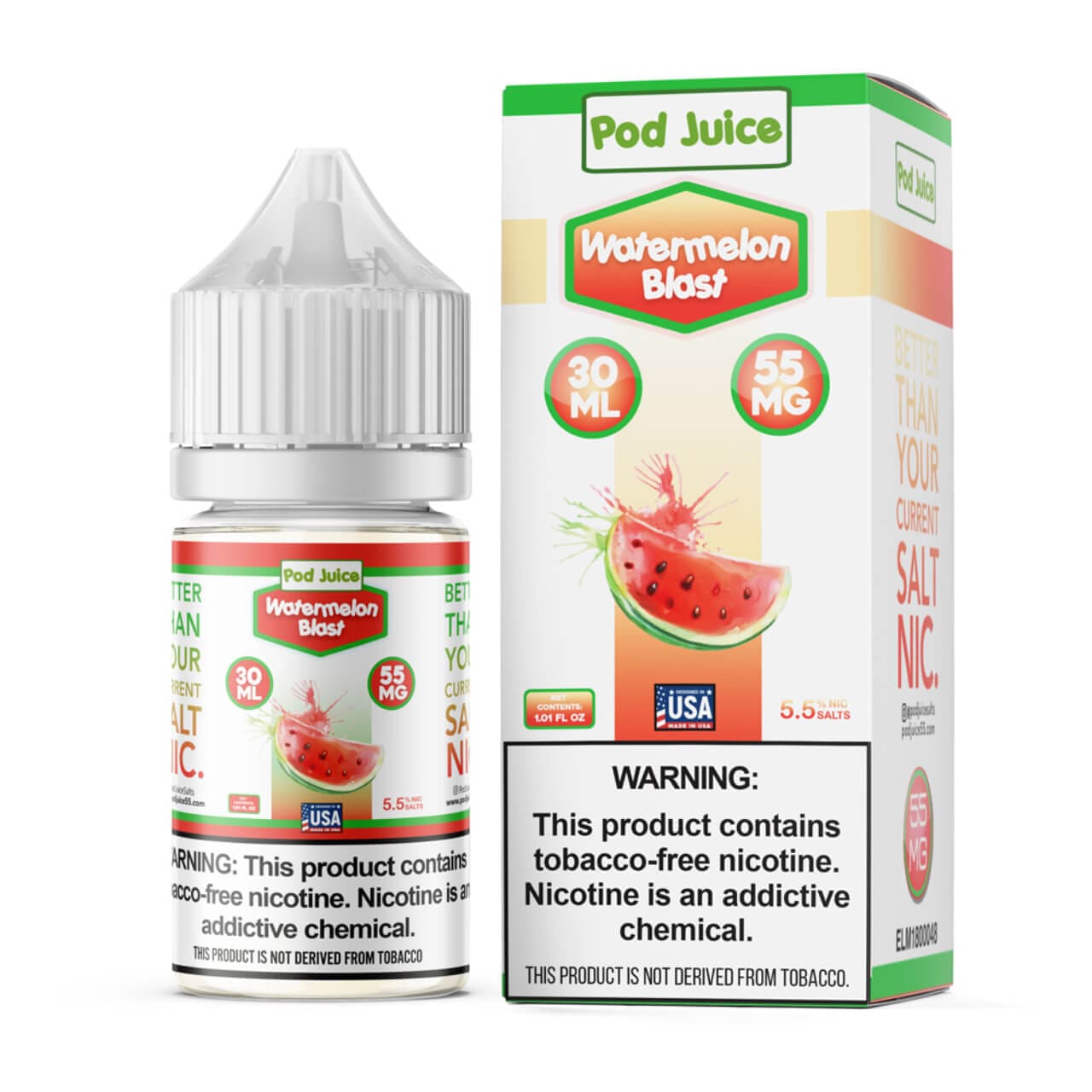 Watermelon Blast SALT e-liquid by Pod Juice in 30mL bottle, featuring a vibrant watermelon flavor for vaping.