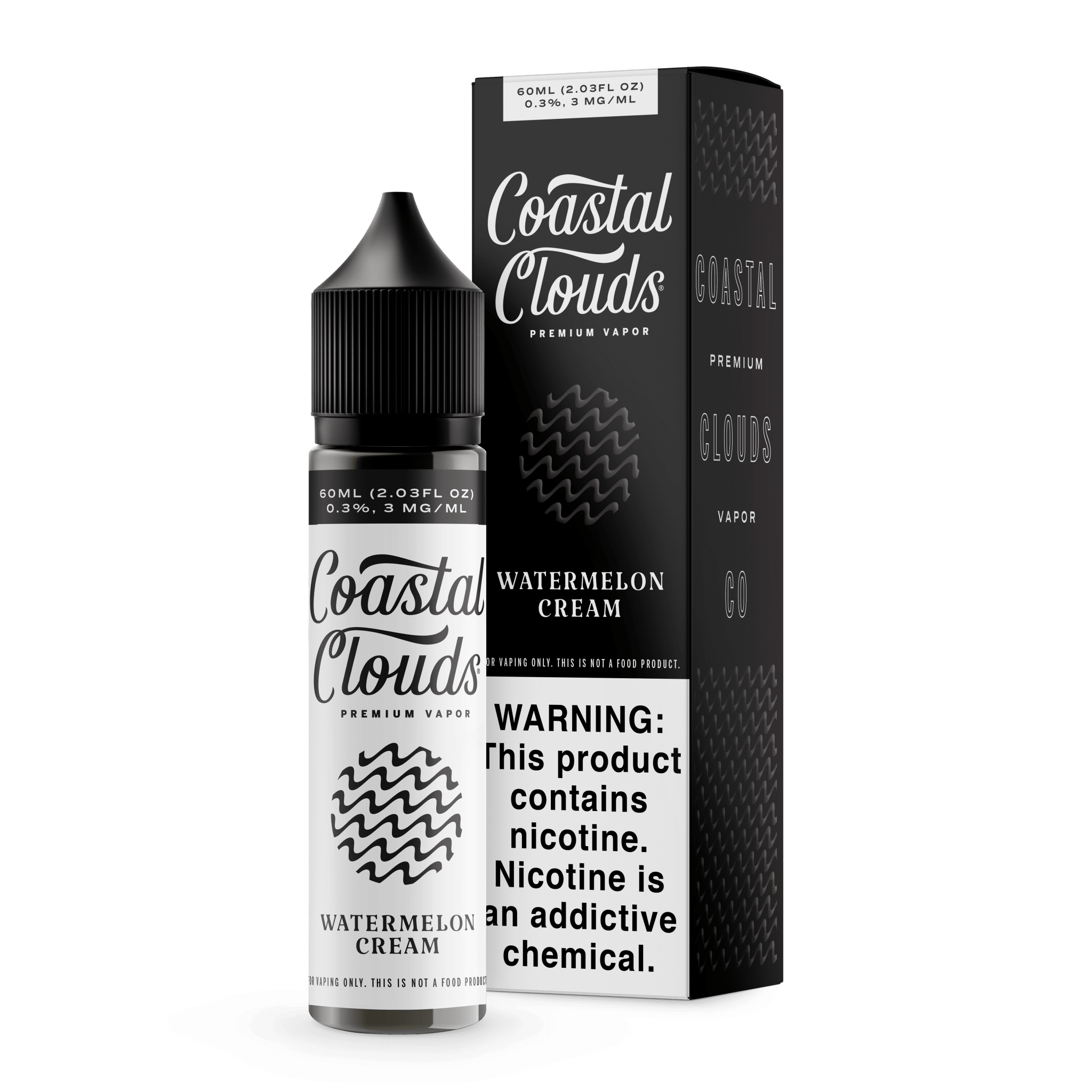 Watermelon Cream Coastal Clouds e-liquid bottle, 60mL, featuring a label with watermelon and cream flavor imagery