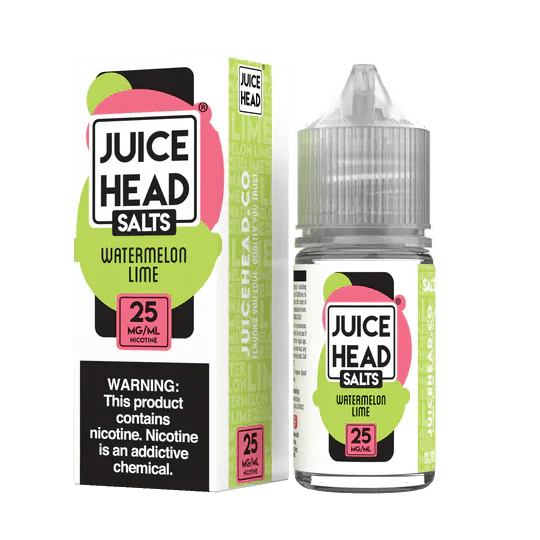 Juice Head Watermelon Lime Salt E-liquid bottle, 30mL vape juice with watermelon and lime flavor, for electronic cigarettes.