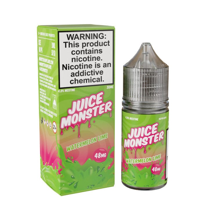 Juice Monster Watermelon Lime Salt E-liquid bottle, 30mL with vibrant watermelon and lime flavor design.