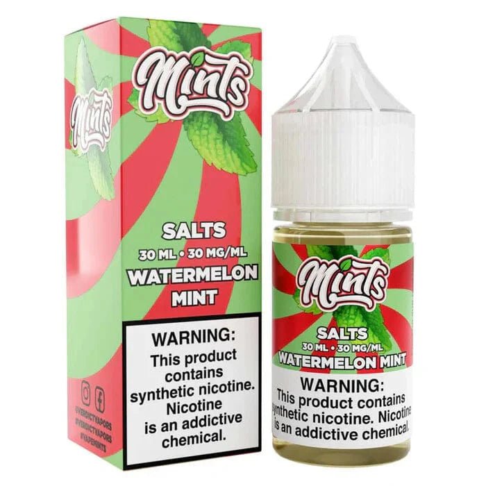 Watermelon Mint SALT e-liquid by Mints Vape Co. in 30mL bottle, featuring a refreshing watermelon and mint flavor.