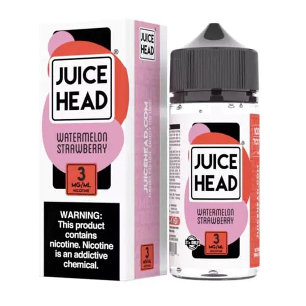 Watermelon and strawberry flavored Juice Head E-liquid in a 100mL bottle, featuring vibrant fruit illustrations on the label.
