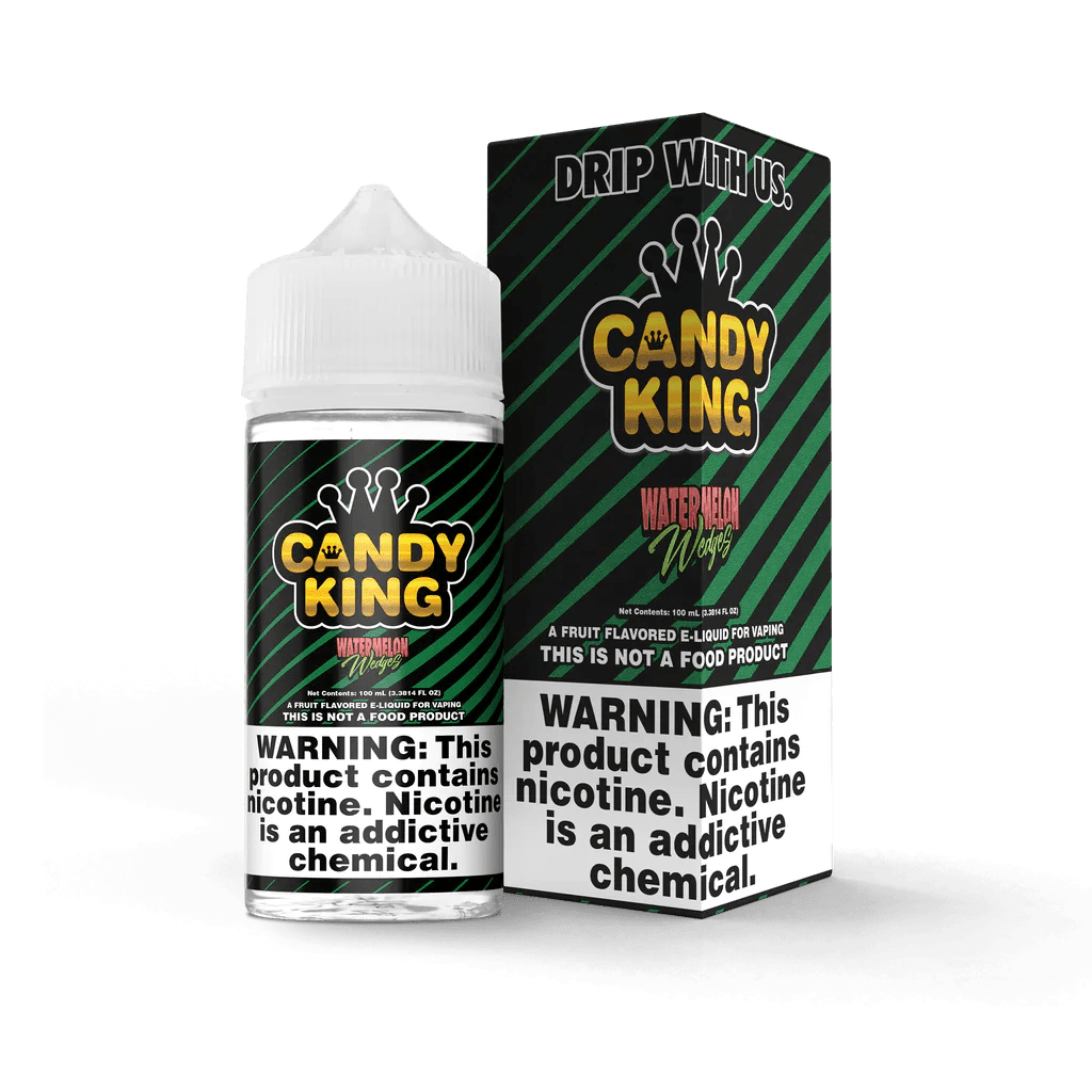 Candy King Watermelon Wedges e-liquid bottle, 100mL, showcasing vibrant watermelon wedge flavor in a clear plastic bottle.