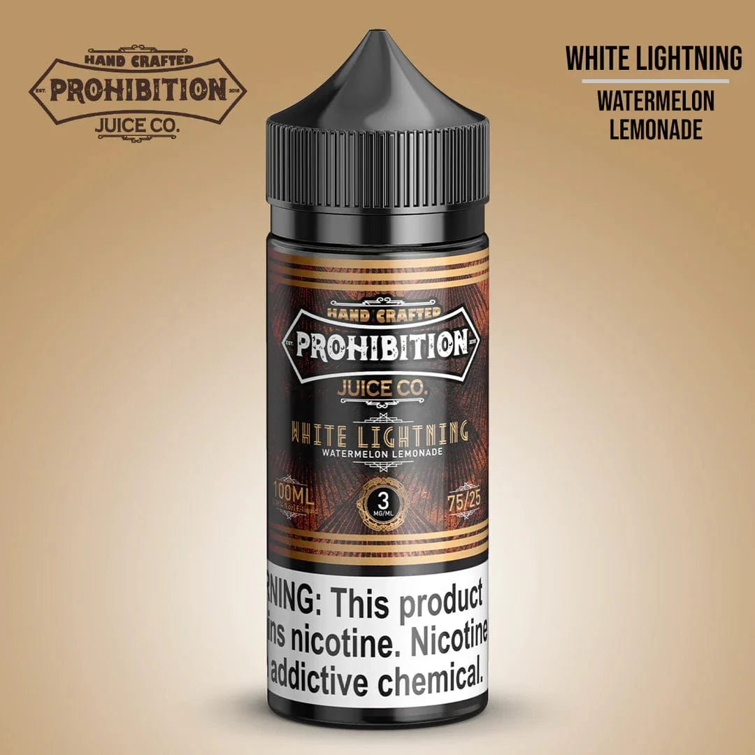 White Lightning e-liquid by Prohibition Juice Co., 100mL bottle with white and lightning graphic design.