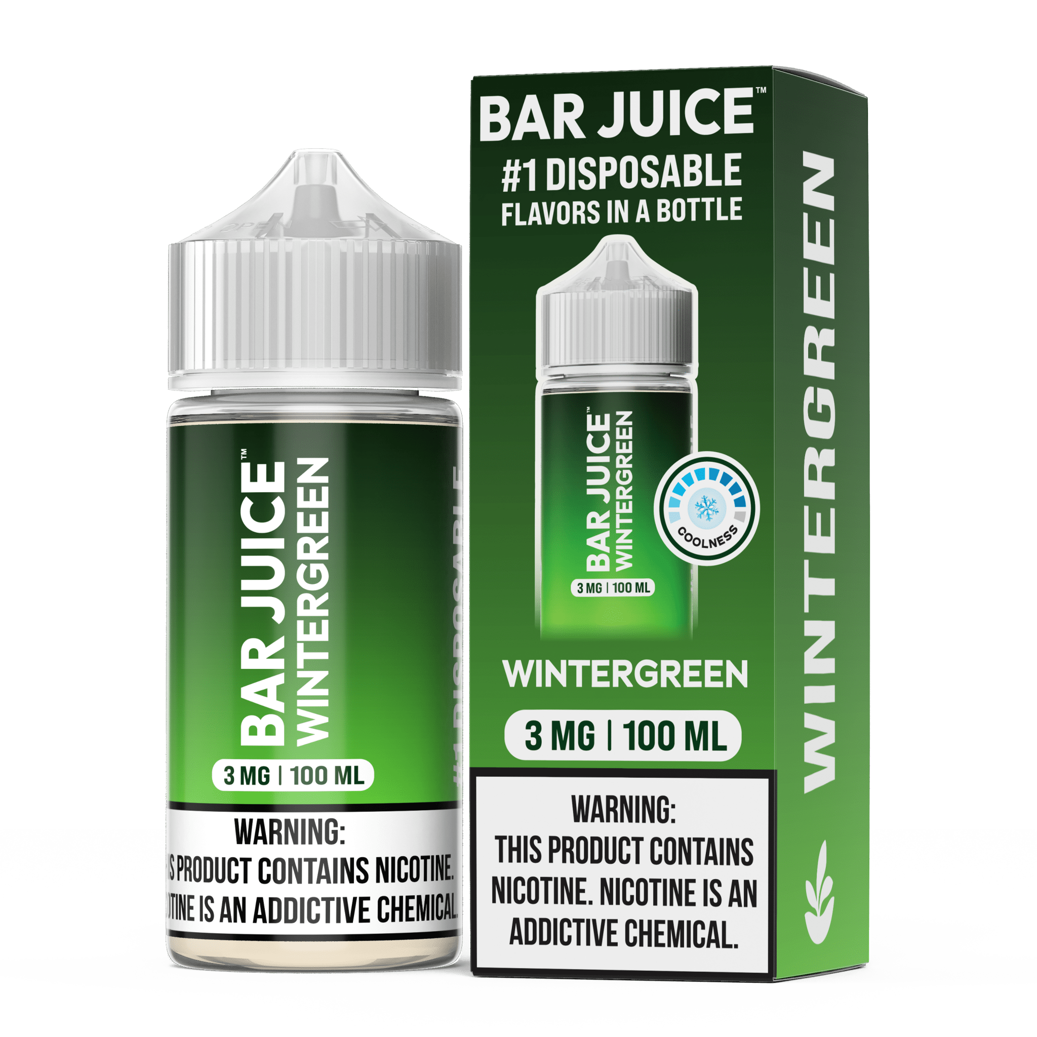 Wintergreen Bar Juice e-liquid 100mL bottle with vibrant label, showcasing the wintergreen flavor for vaping.