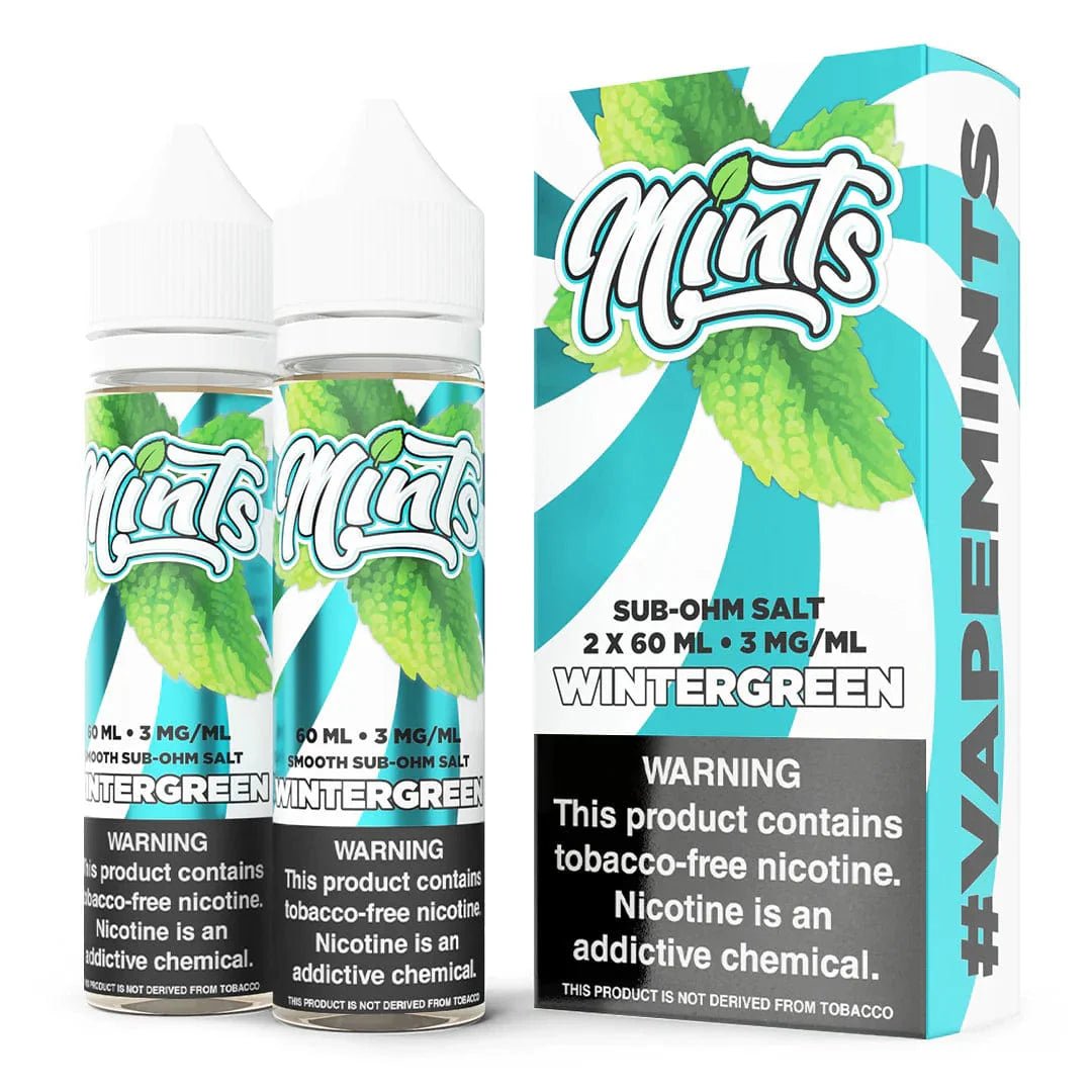 Wintergreen flavored E-liquid by Mints Vape Co. in a 120mL bottle, featuring vibrant mint and wintergreen flavor details.