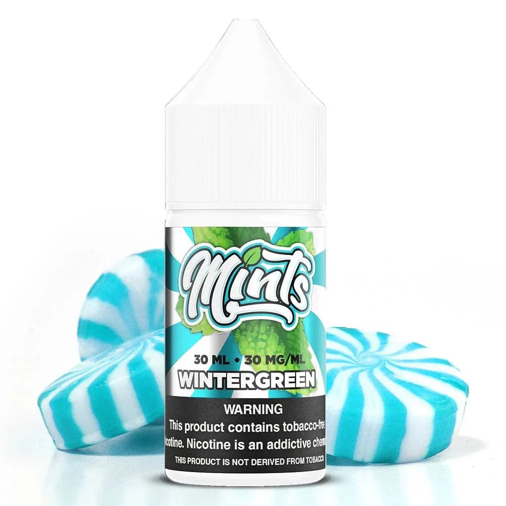 Wintergreen SALT e-liquid by Mints Vape Co. in a 30mL bottle, featuring a refreshing wintergreen mint flavor.