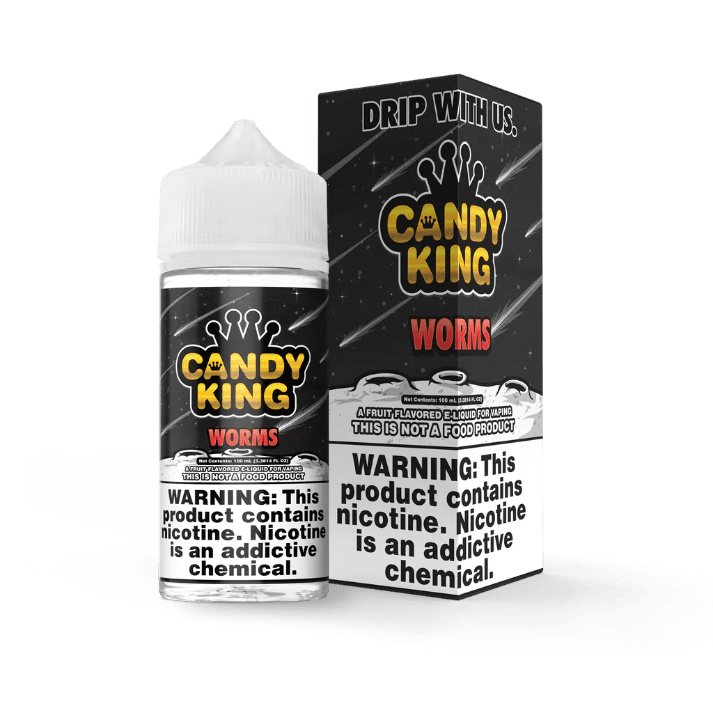 Candy King Worms E-liquid in 100mL bottle, featuring colorful worm-shaped candies on the label.
