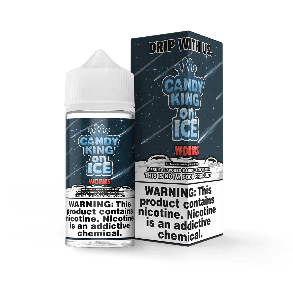 Candy King Worms on ICE e-liquid 100mL bottle featuring colorful gummy worm illustrations on the label
