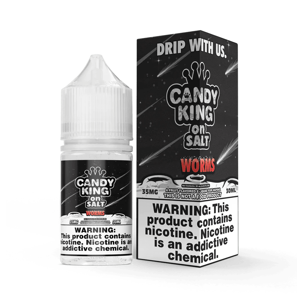Worms SALT e-liquid by Candy King in 30mL bottle, featuring a vibrant label with colorful worm illustrations and bold branding.