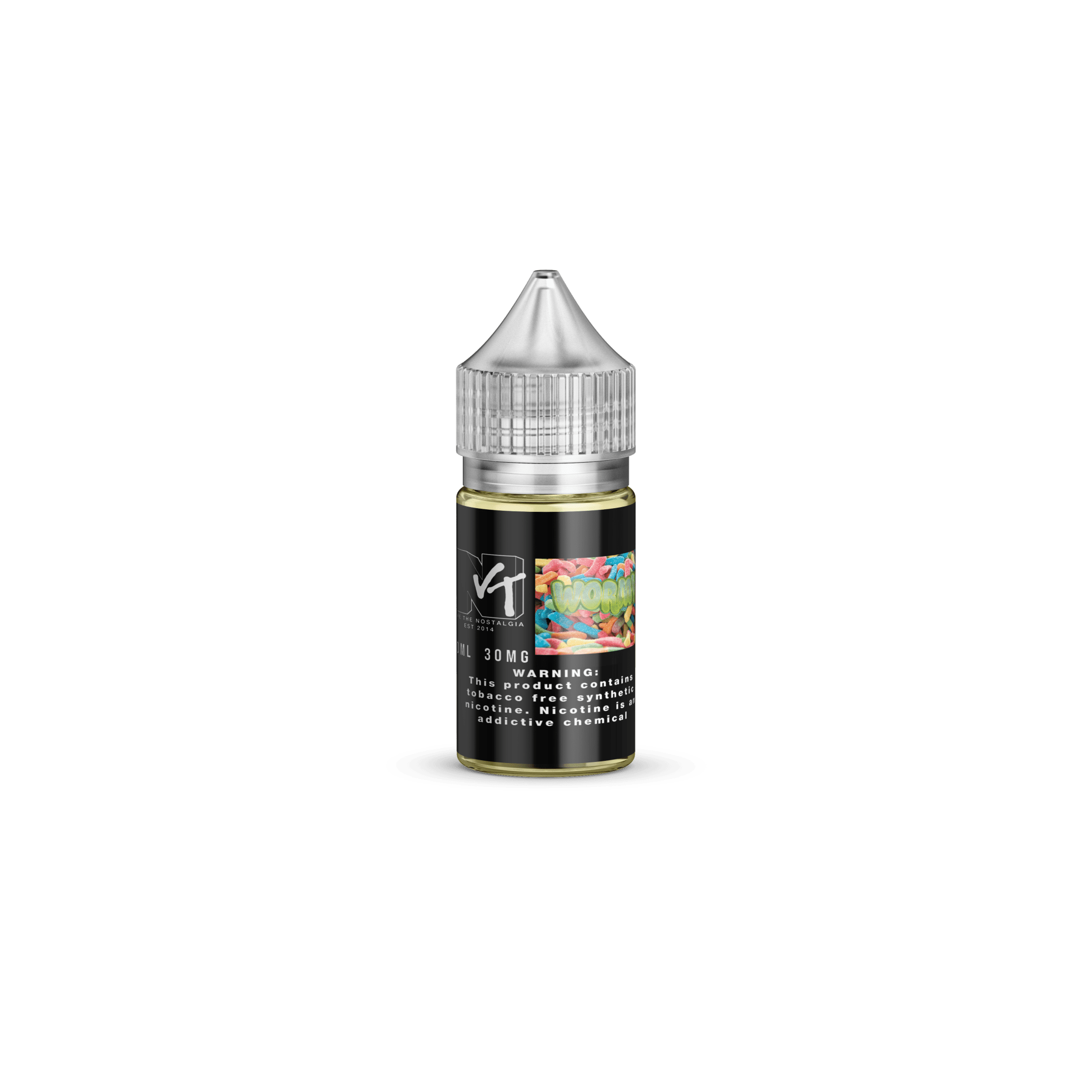 Wormy SALT vape e-liquid by Vape The Nostalgia in a 30mL bottle, featuring a colorful worm-themed design.