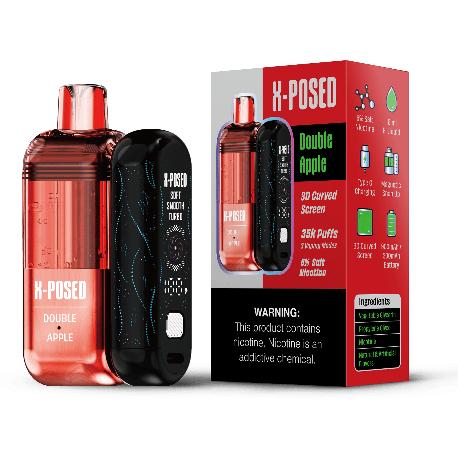X-Posed 35K Disposable Vape Kit with sleek design and mouthpiece, featuring colorful branding and compact size.