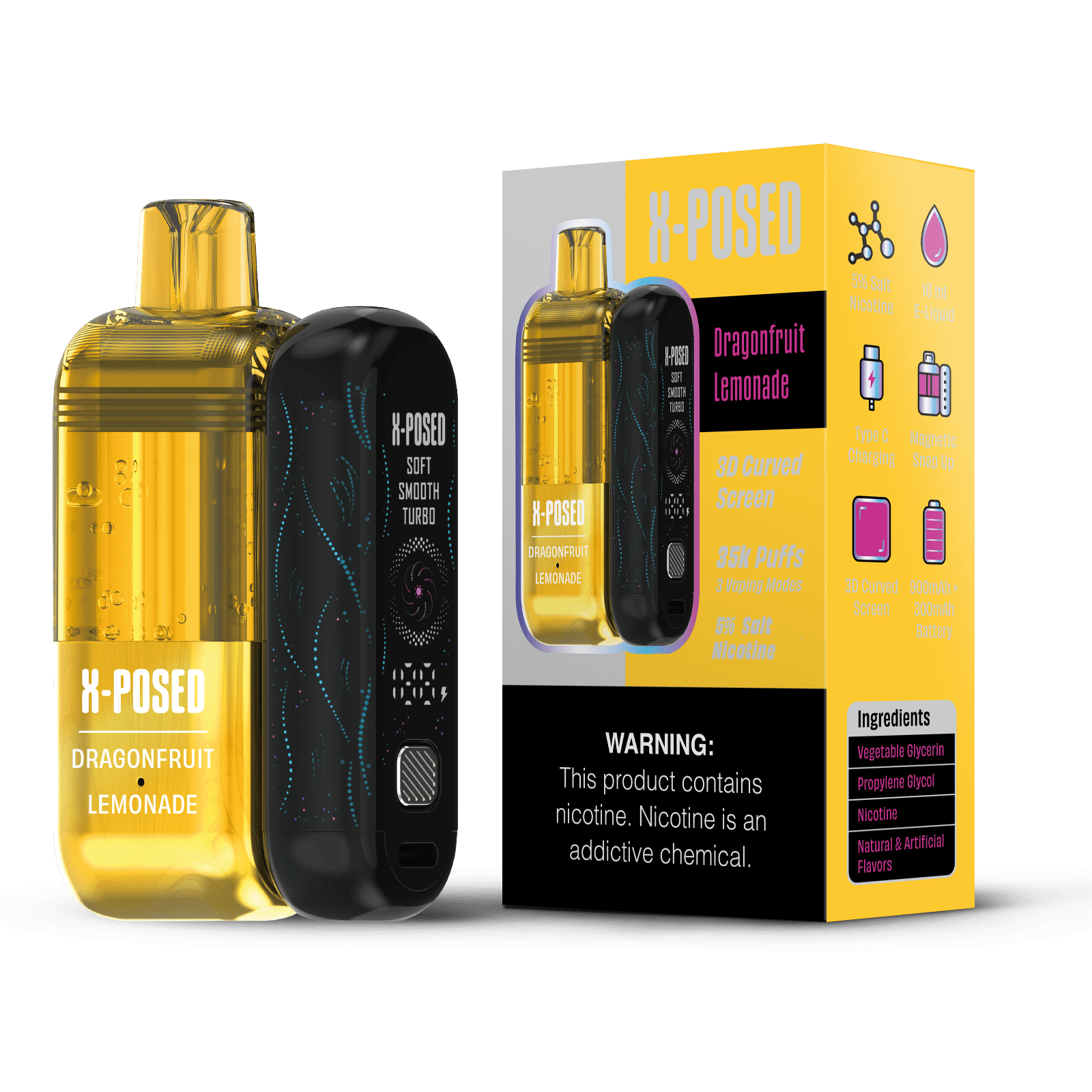 X-Posed 35K Disposable Vape Kit with sleek design, showing the compact device and colorful flavor labels.