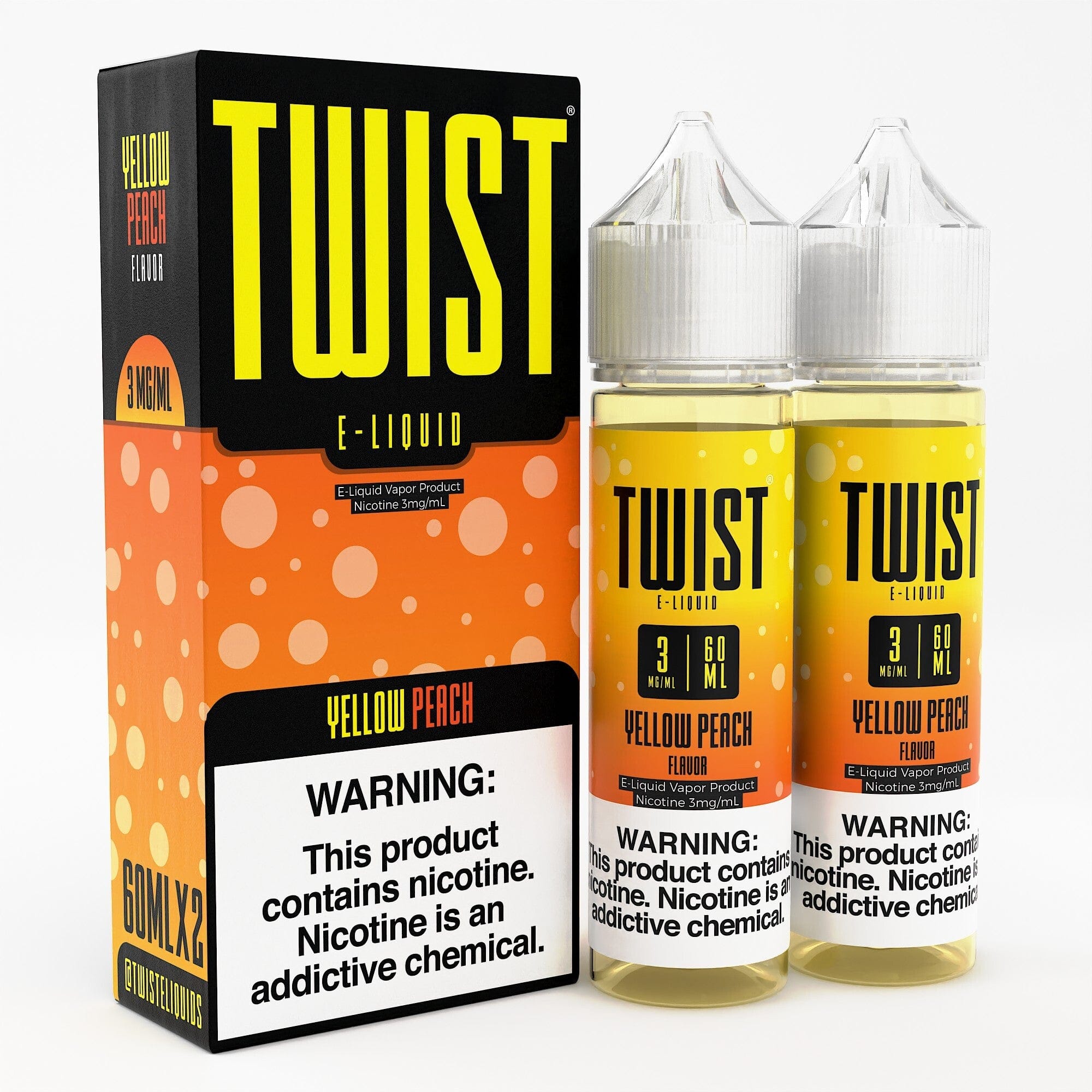 Yellow Peach Twist E-Liquids e-liquid bottle, 120mL, with a yellow peach flavor and Twist E-liquids branding.
