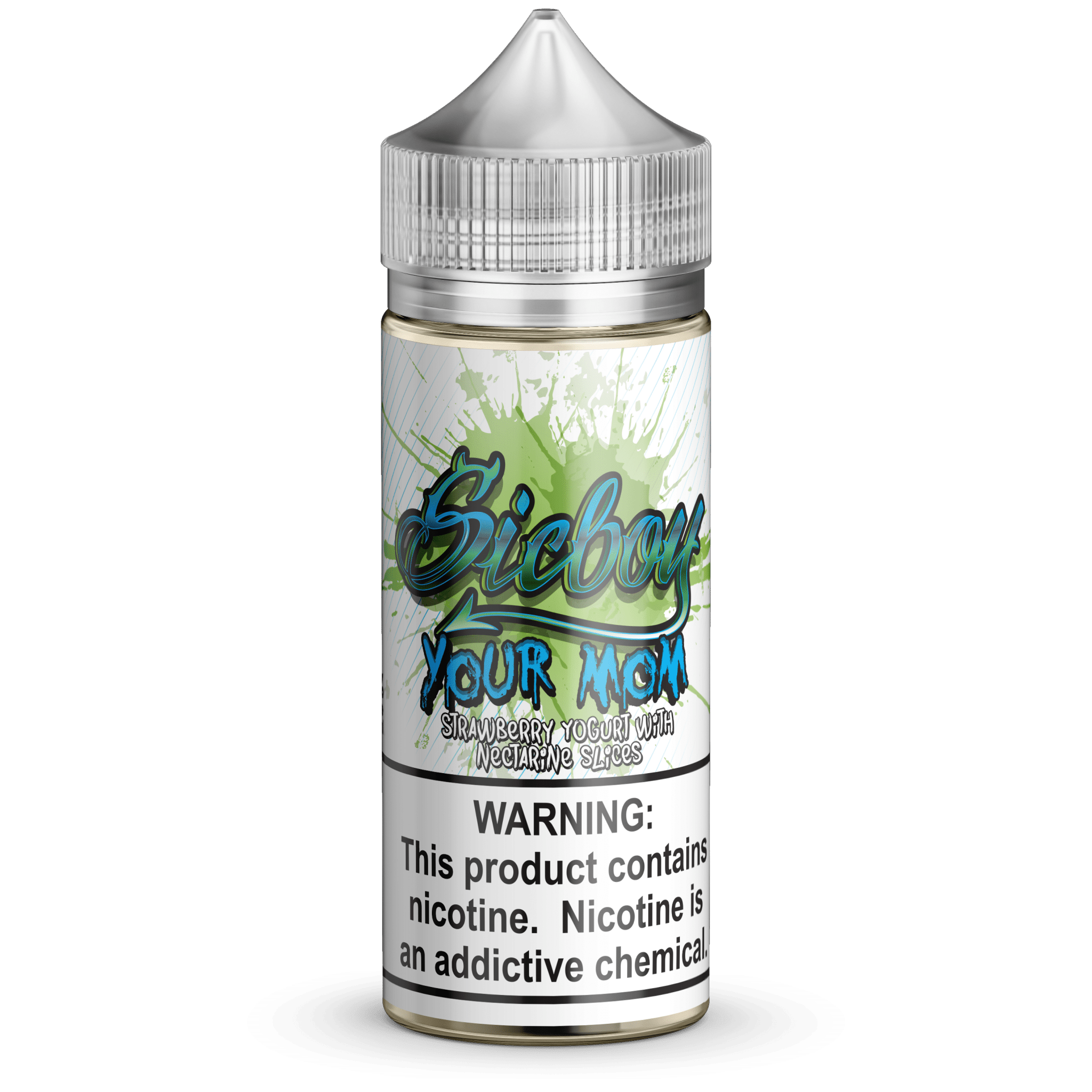 Sicboy Your Mom e-liquid bottle, 100mL, with colorful label featuring playful graphics and branding for vaping.